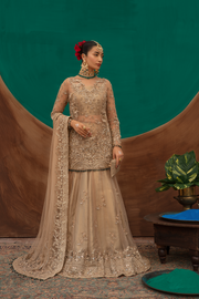 Pakistani Bridal Dress in Gold Net with Flared Lehnga