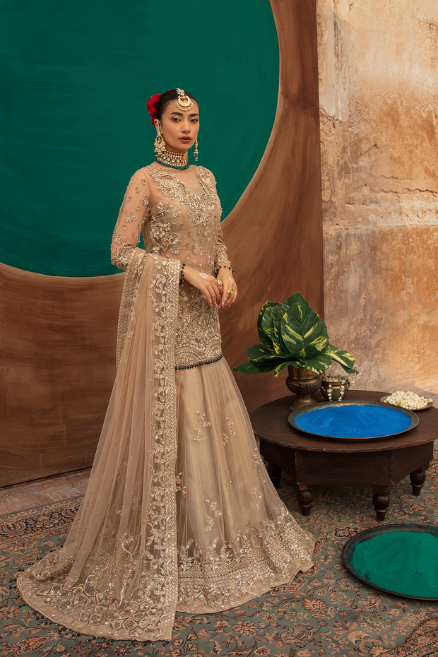 Pakistani Bridal Dress in Gold Net with Flared Lehnga
