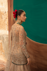 Pakistani Bridal Dress in Gold Net with Flared Lehnga