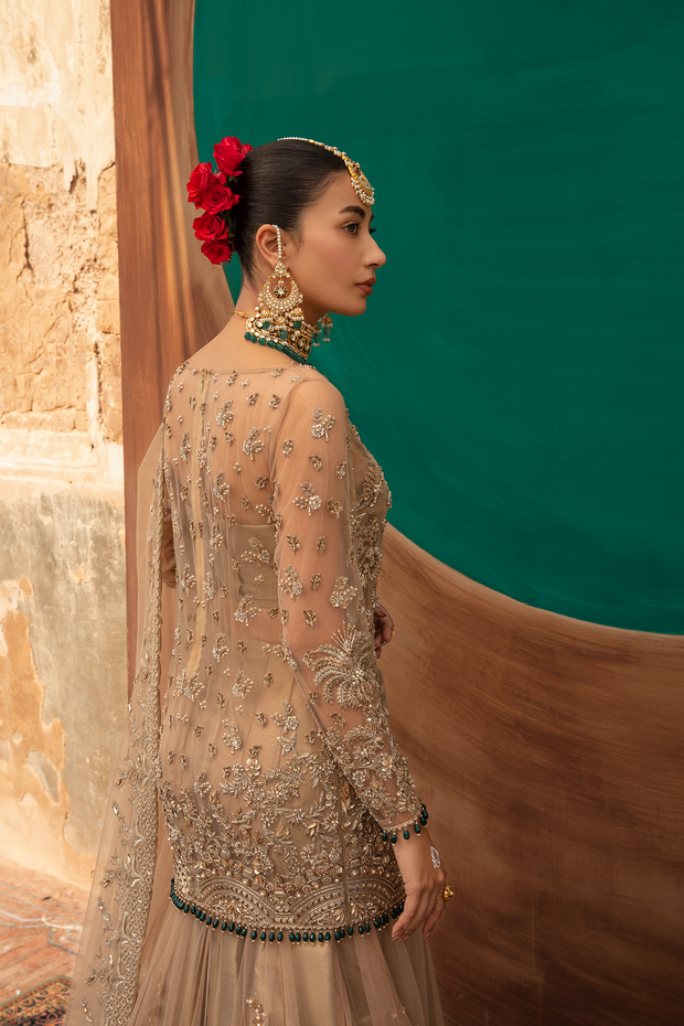 Pakistani Bridal Dress in Gold Net with Flared Lehnga