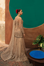 Pakistani Bridal Dress in Gold Net with Flared Lehnga
