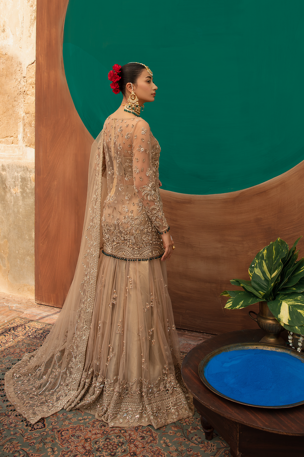 Pakistani Bridal Dress in Gold Net with Flared Lehnga