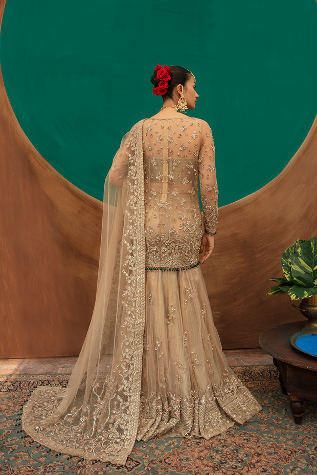 Pakistani Bridal Dress in Gold Net with Flared Lehnga