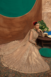 Pakistani Bridal Dress in Gold Net with Flared Lehnga