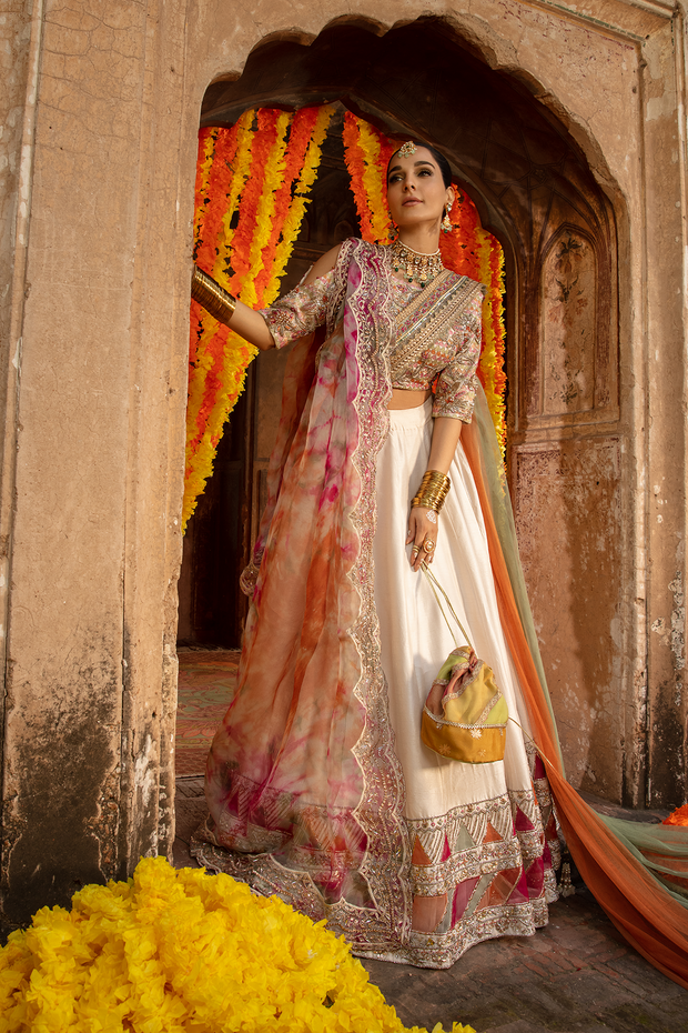 Pakistani Bridal Dress in Off White Raw Silk with Embroidery