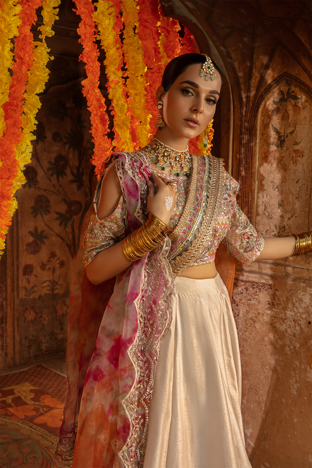 Pakistani Bridal Dress in Off White Raw Silk with Embroidery