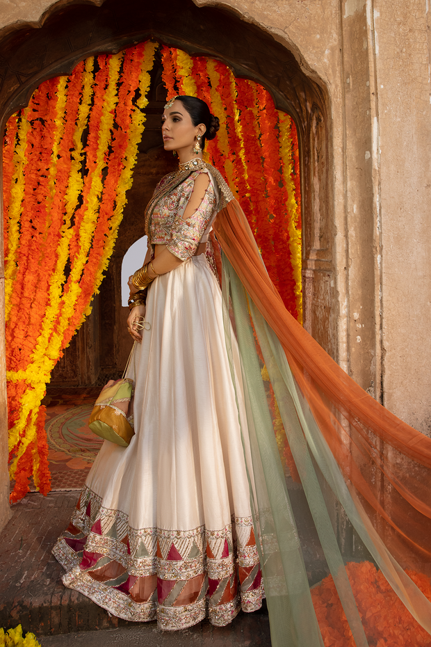 Pakistani Bridal Dress in Off White Raw Silk with Embroidery