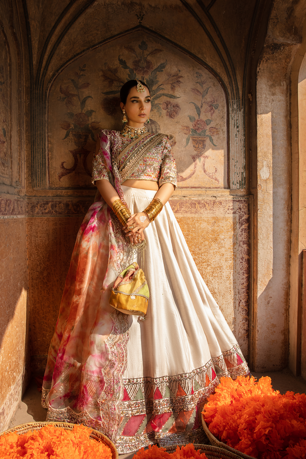 Pakistani Bridal Dress in Off White Raw Silk with Embroidery