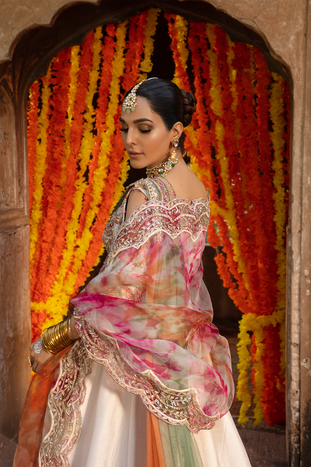 Pakistani Bridal Dress in Off White Raw Silk with Embroidery