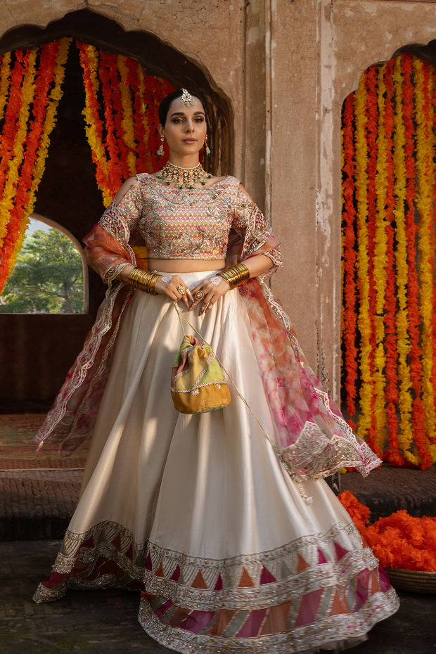 Pakistani Bridal Dress in Off White Raw Silk with Embroidery