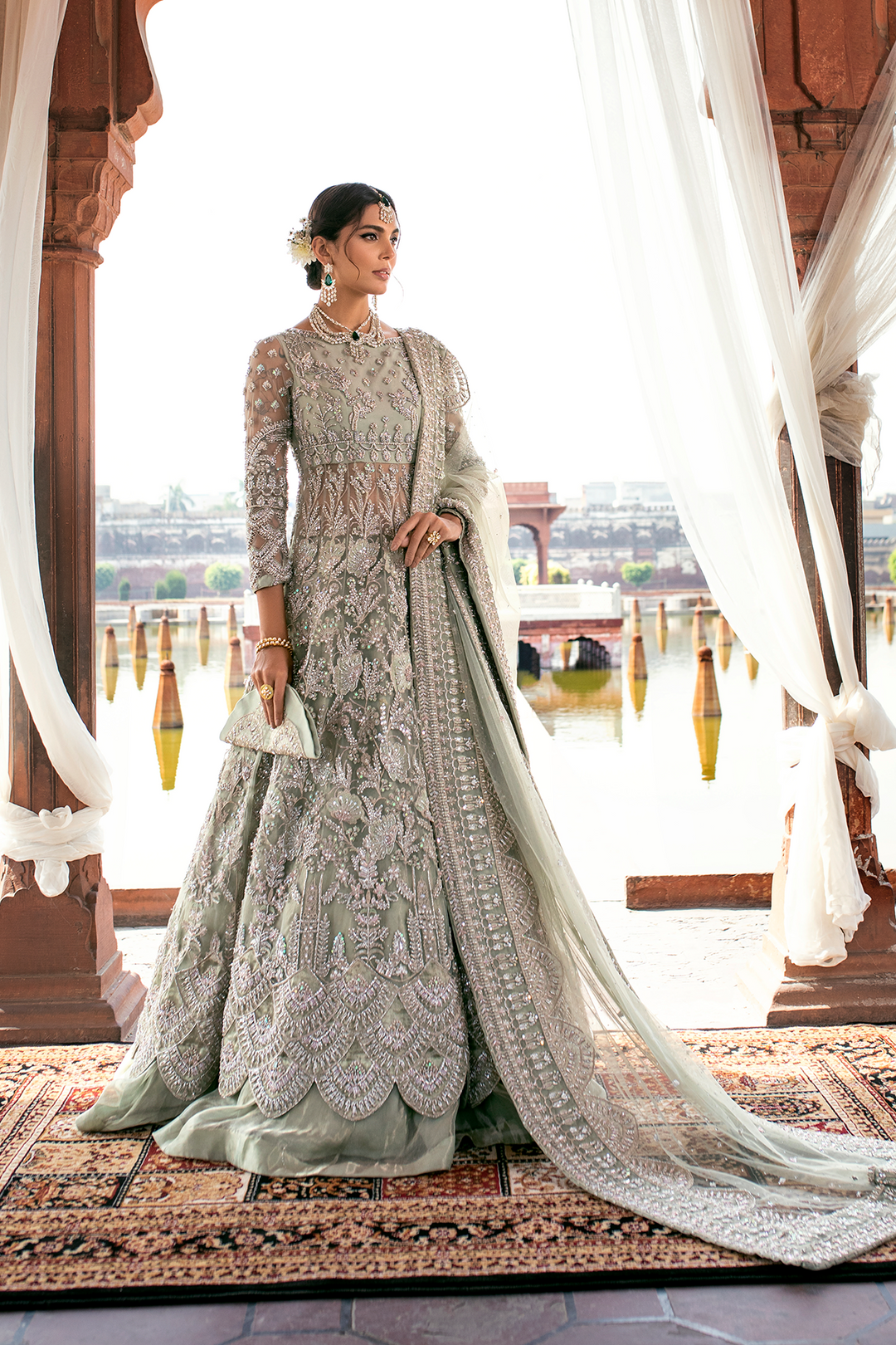 Pakistani Wedding Dress in Mint Green Net with Embroidery