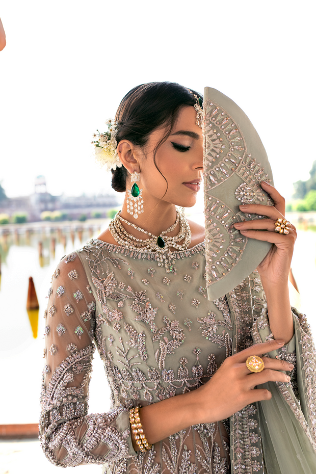 Pakistani Bridal Dress in Mint Green Net with Embroidery