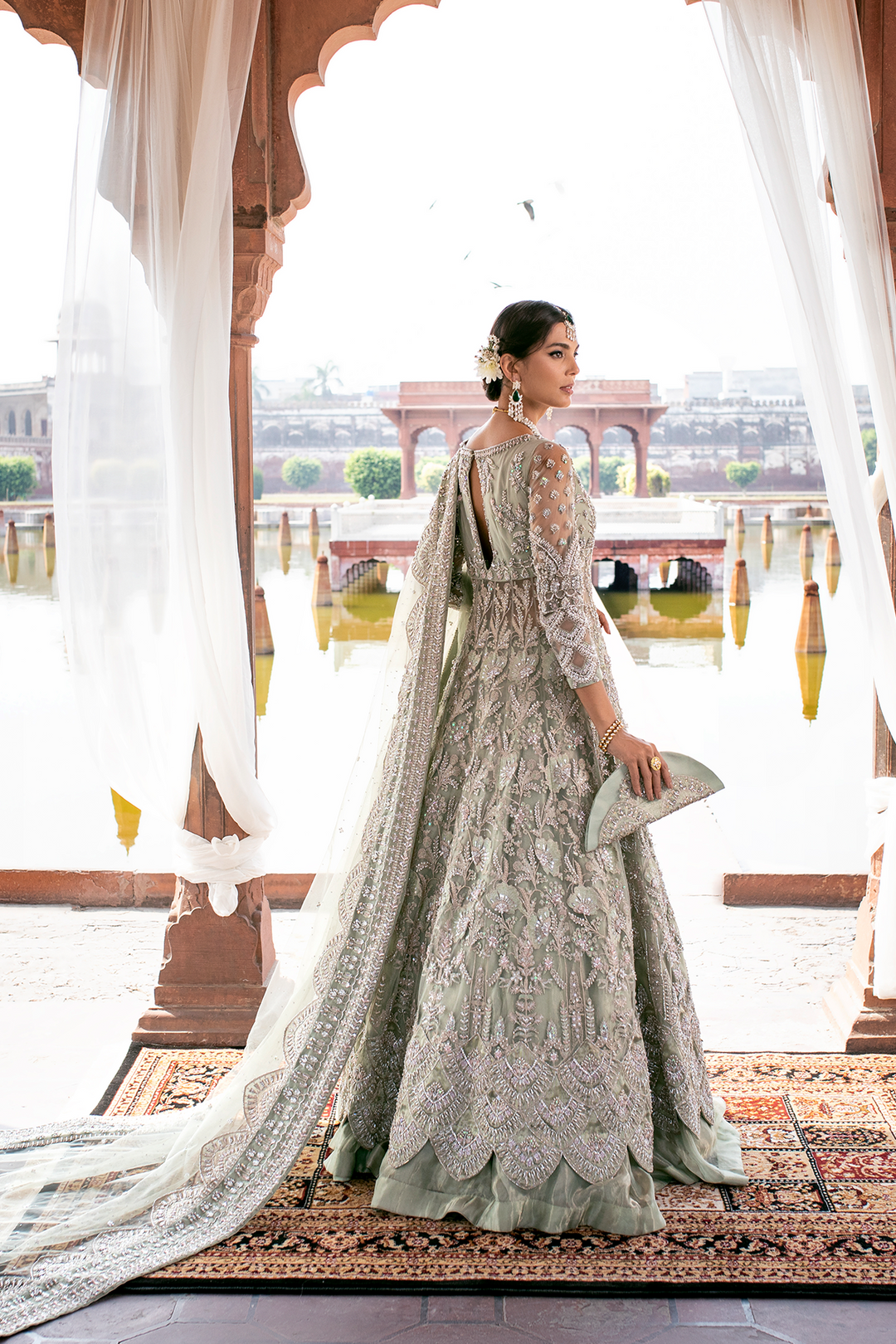 Pakistani Wedding Dress in Mint Green Net with Embroidery