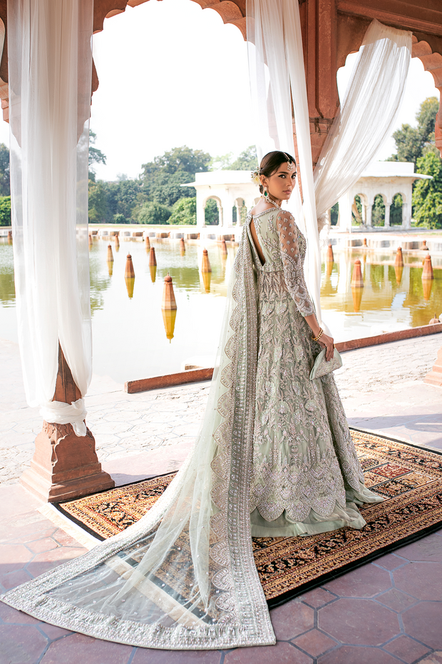 Pakistani Bridal Dress in Mint Green Net with Embroidery