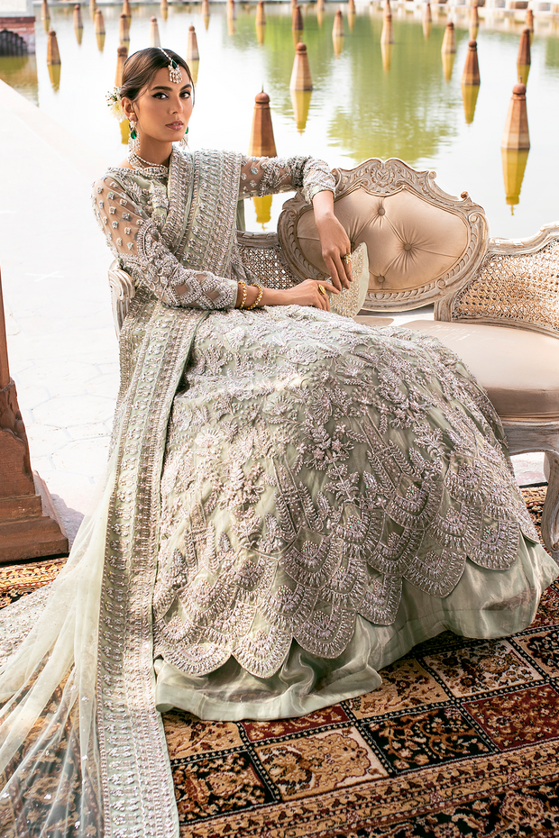 Pakistani Bridal Dress in Mint Green Net with Embroidery