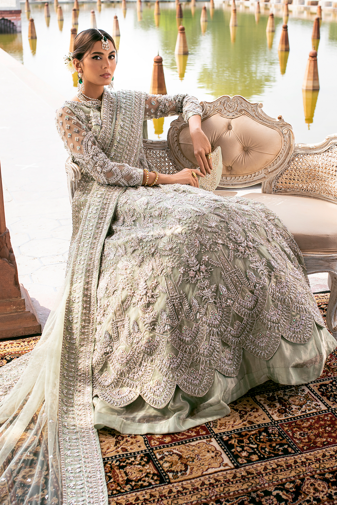 Pakistani Wedding Dress in Mint Green Net with Embroidery