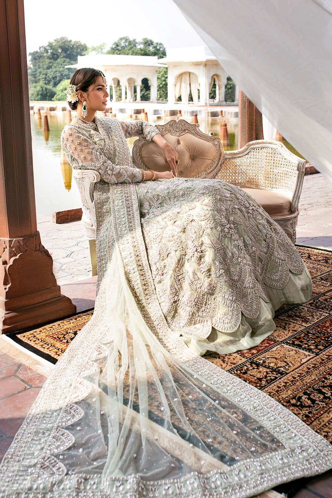 Pakistani Wedding Dress in Mint Green Net with Embroidery