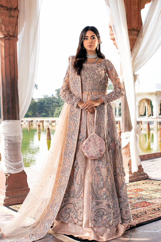 Peach Net Pakistani Bridal Dress with Embellished Lehnga