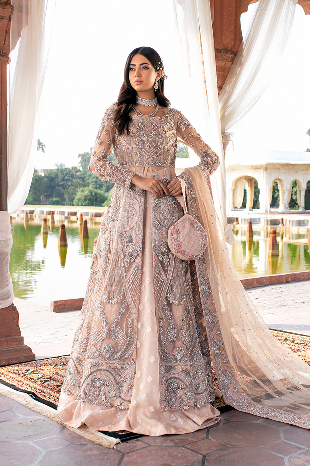 Peach Net Pakistani Bridal Dress with Embellished Lehnga