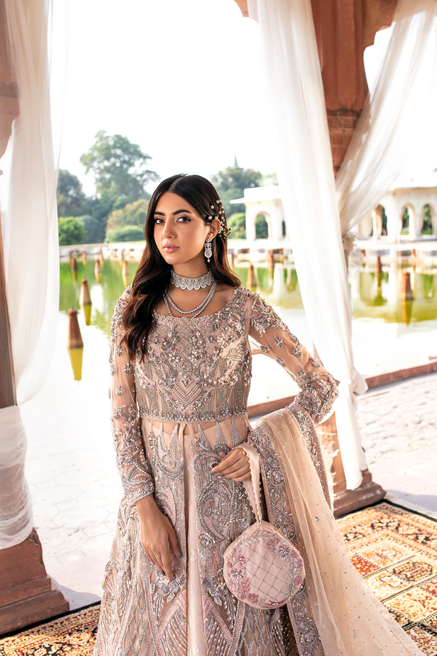 Pakistani Bridal Dress in Peach Net with Embellishments