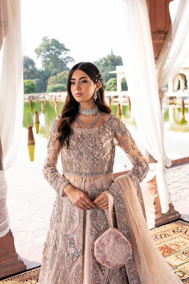 Peach Net Pakistani Bridal Dress with Embellished Lehnga