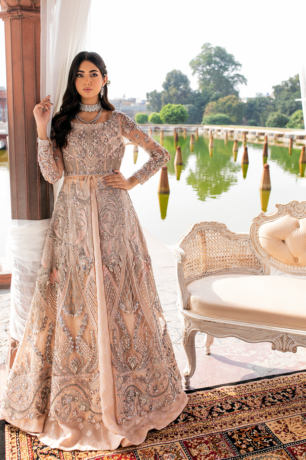 Pakistani Bridal Dress in Peach Net with Embellishments