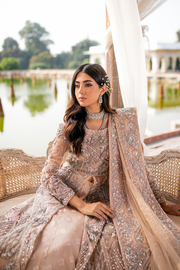 Peach Net Pakistani Bridal Dress with Embellished Lehnga