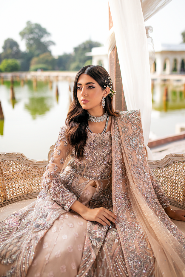Peach Net Pakistani Bridal Dress with Embellished Lehnga