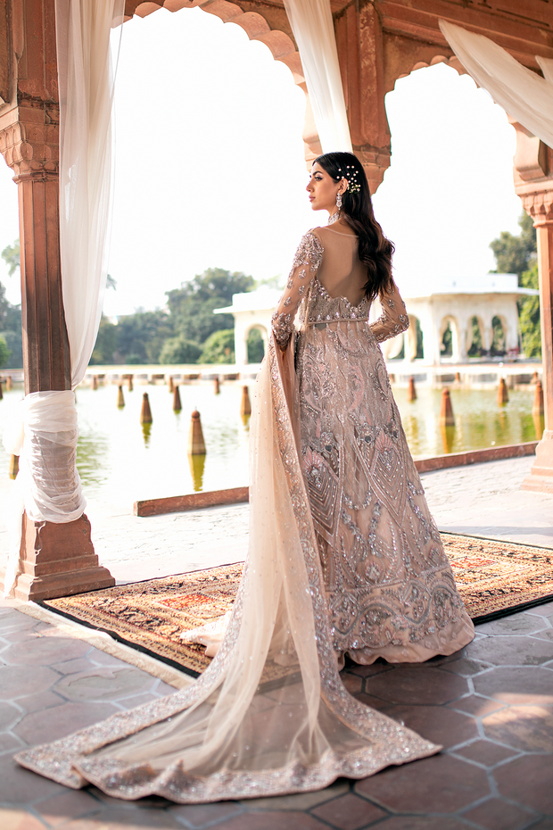 Pakistani Bridal Dress in Peach Net with Embellishments