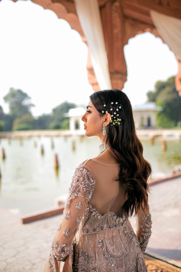 Peach Net Pakistani Bridal Dress with Embellished Lehnga