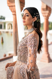 Peach Net Pakistani Bridal Dress with Embellished Lehnga