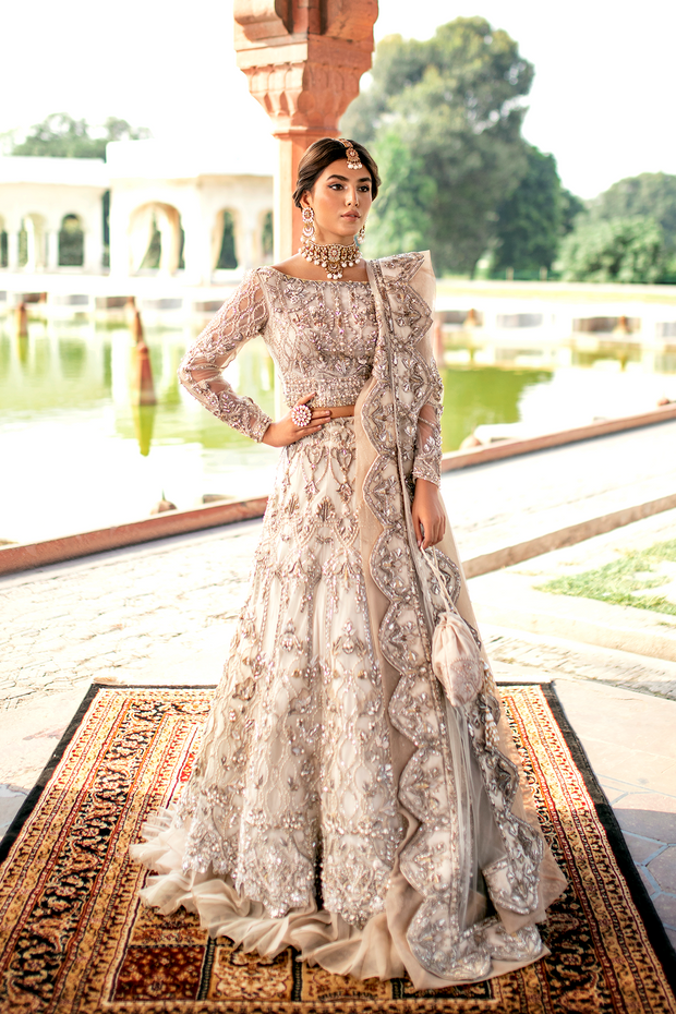 Pakistani Designer Bridal Dress in Ivory Net with Embroidery