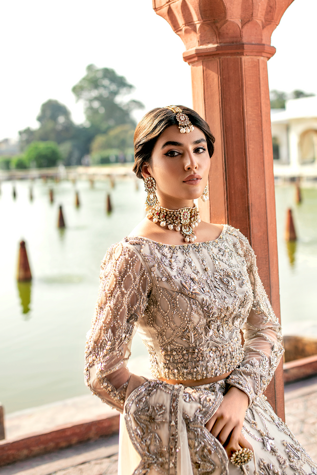 Pakistani Designer Bridal Dress in Ivory Net with Embroidery