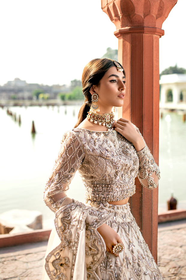Pakistani Designer Bridal Dress in Ivory Net with Embroidery