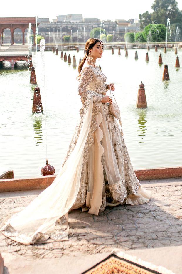 Pakistani Bridal Dress in Ivory Net with Embroidery