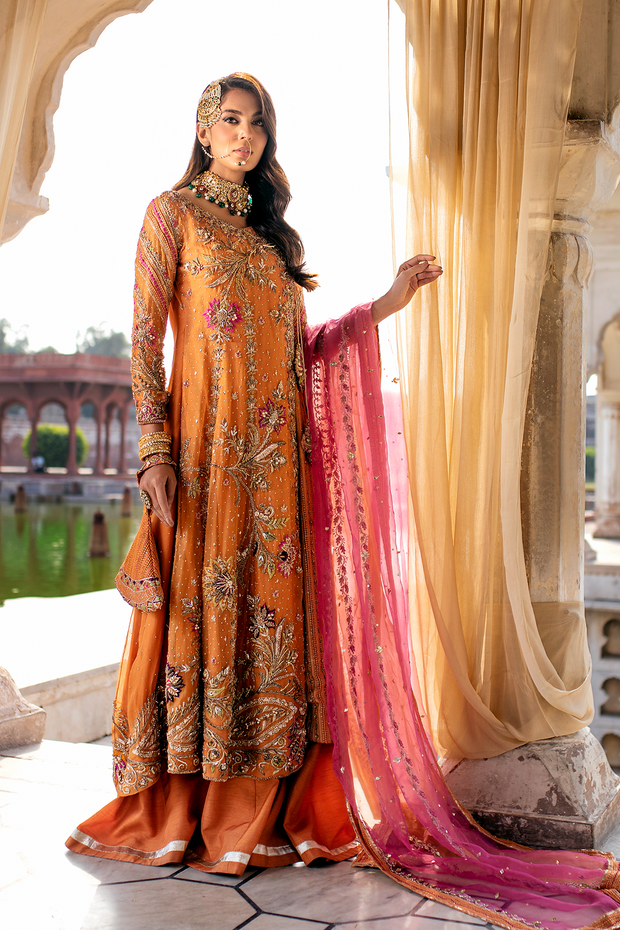 Burnt Orange Pakistani Bridal Dress with Silk Sharara