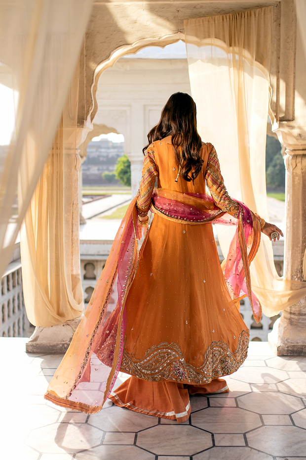 Burnt Orange Pakistani Bridal Dress with Silk Sharara