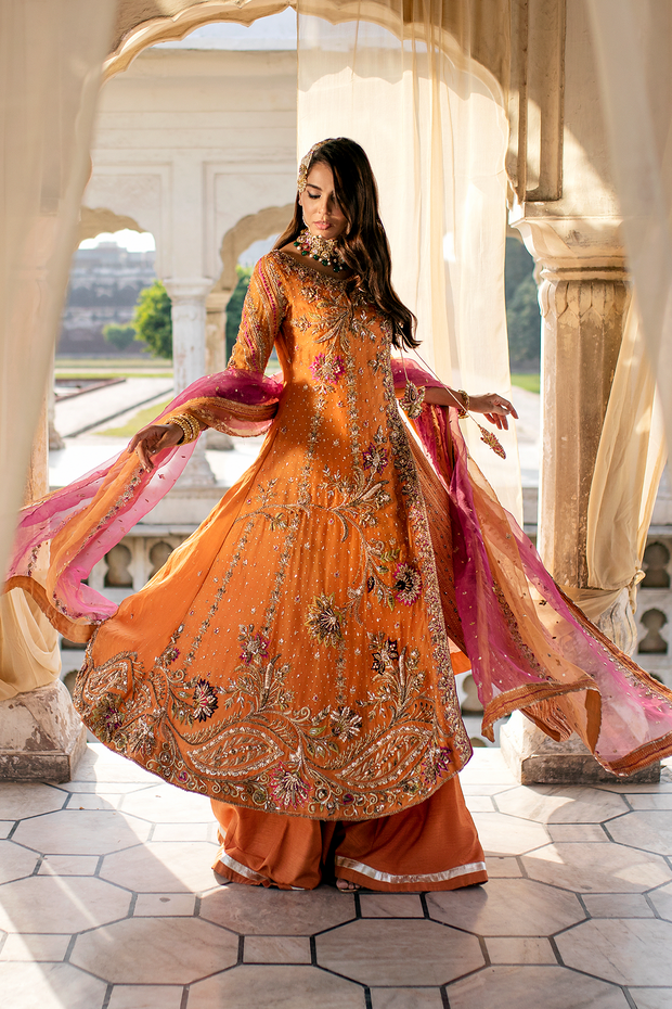 Burnt Orange Pakistani Bridal Dress with Silk Sharara