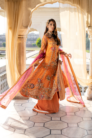 Burnt Orange Pakistani Bridal Dress with Silk Sharara