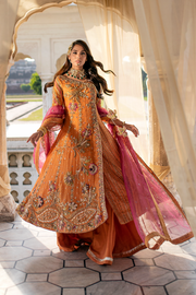 Burnt Orange Pakistani Bridal Dress with Silk Sharara