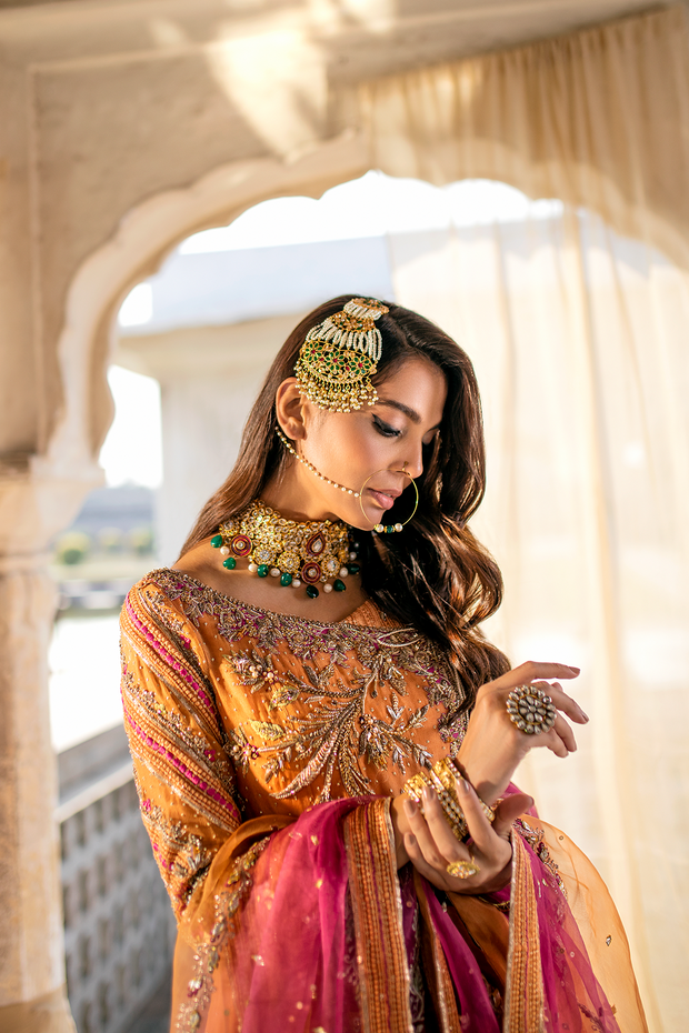 Burnt Orange Pakistani Bridal Dress with Silk Sharara