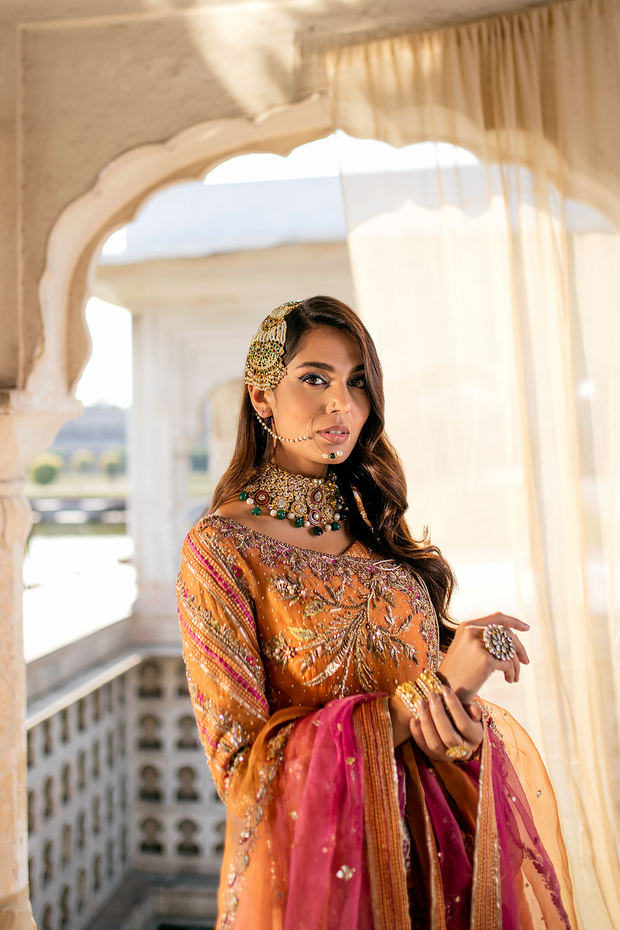 Burnt Orange Pakistani Wedding Dress with Raw Silk Sharara