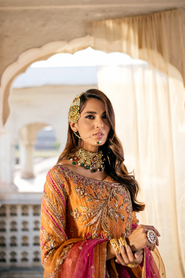 Burnt Orange Pakistani Bridal Dress with Silk Sharara