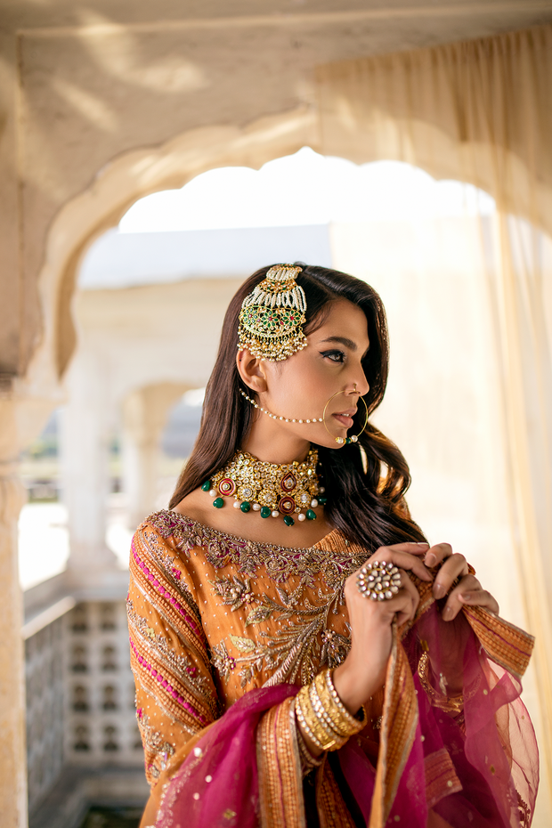 Burnt Orange Pakistani Bridal Dress with Silk Sharara