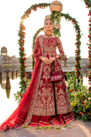 Pakistani Bridal Dress in Maroon Cotton Net and Silk