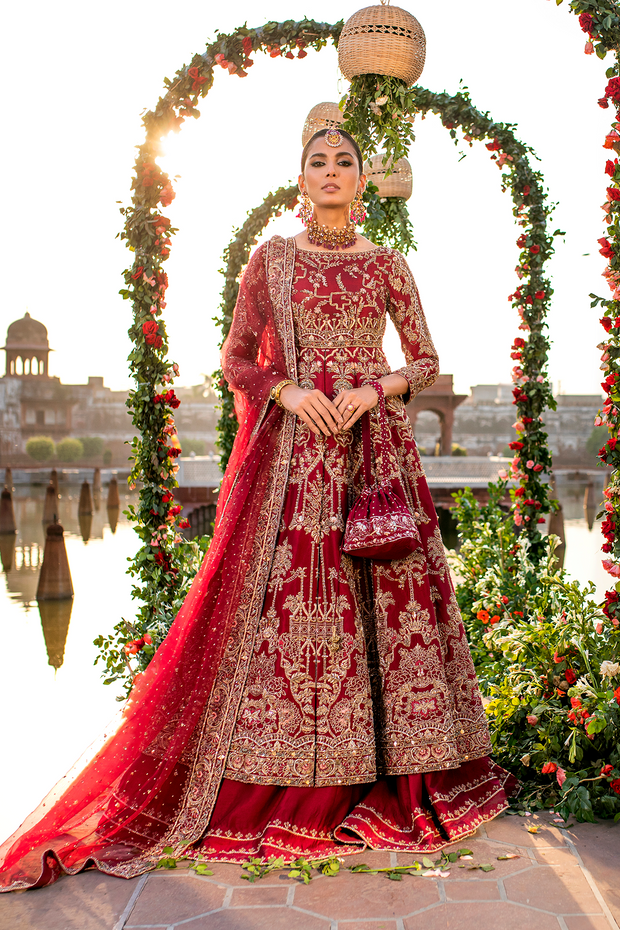 Pakistani Bridal Dress in Maroon Cotton Net and Silk