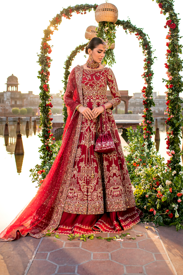 Pakistani Bridal Dress in Maroon Cotton Net & Raw Silk
