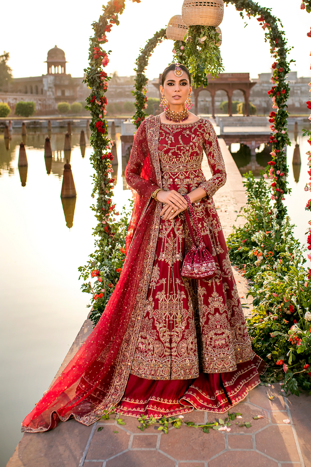 Pakistani Bridal Dress in Maroon Cotton Net and Silk