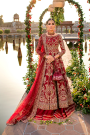 Pakistani Bridal Dress in Maroon Cotton Net & Raw Silk