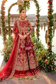 Pakistani Bridal Dress in Maroon Cotton Net & Raw Silk